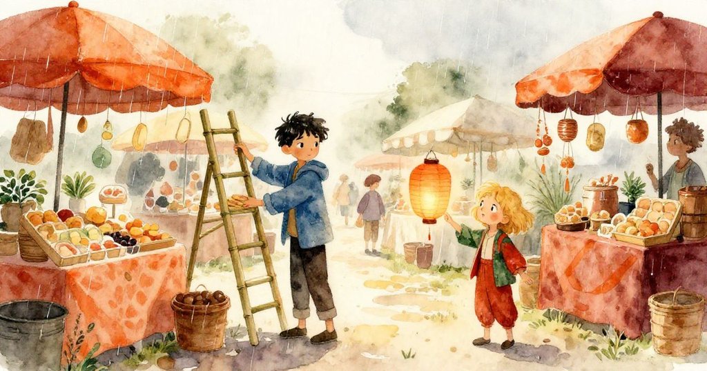 在細雨中，米洛與克拉拉走進充滿彩帶與攤位的市集街，天空低垂，展現故事開始的期待與生動氛圍。