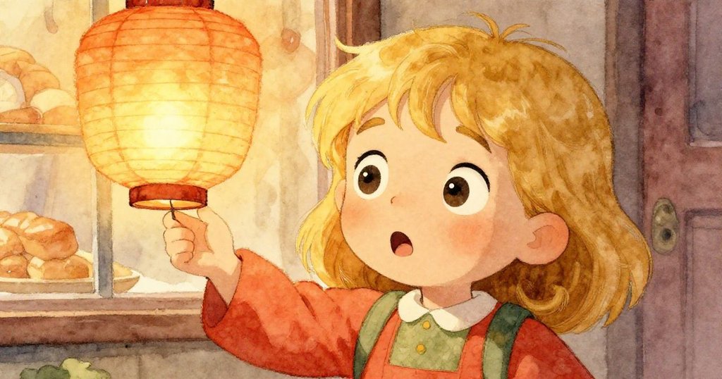 克拉拉專注地托著紙燈籠，臉上帶著期待與一絲憂慮，背景隱現麵包店與柔和雨光，呈現故事初步發展。