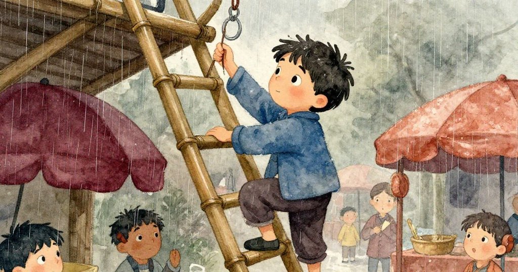 米洛奮力攀爬竹梯，專注於將繩繞進金屬環，低角度展現其努力與堅毅，背景雨絲飄動，呈現故事發展中的挑戰。