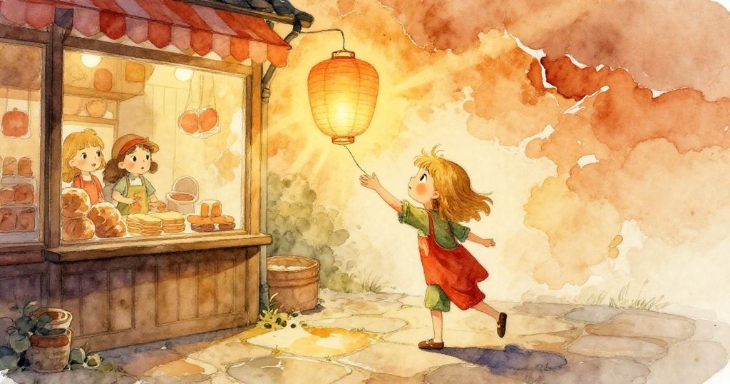 克拉拉在麵包店門前後退，保護紙燈籠不被風雨打亂，地面濕潤映出暖光與動感，呈現情節轉換。
