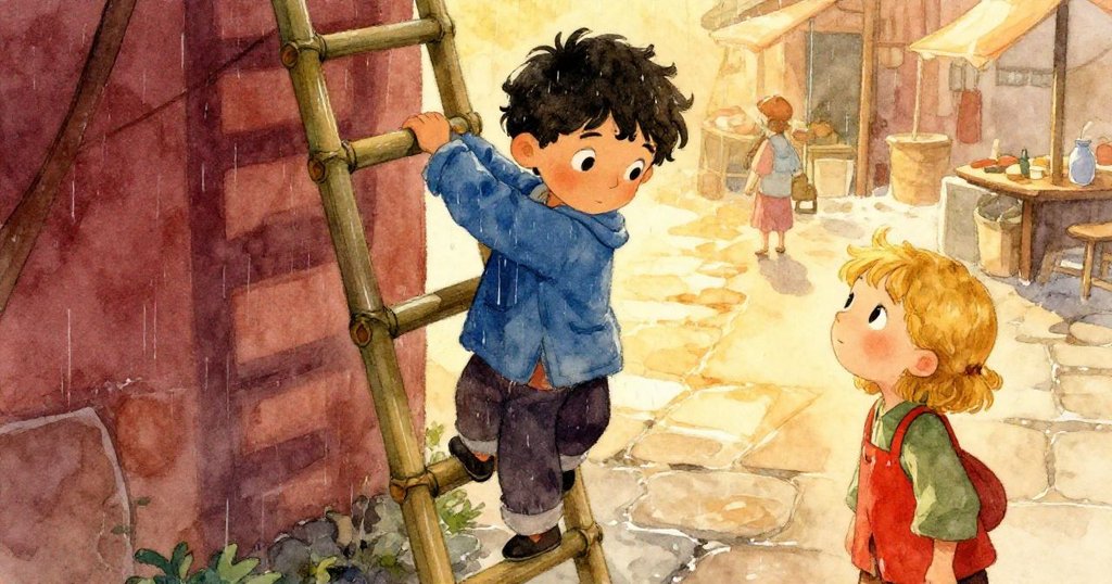 細雨漸停，米洛從竹梯上穩降，克拉拉靜靜目送，落日與蒸發水汽映襯石板路，呈現故事溫柔的結局與離別情懷。