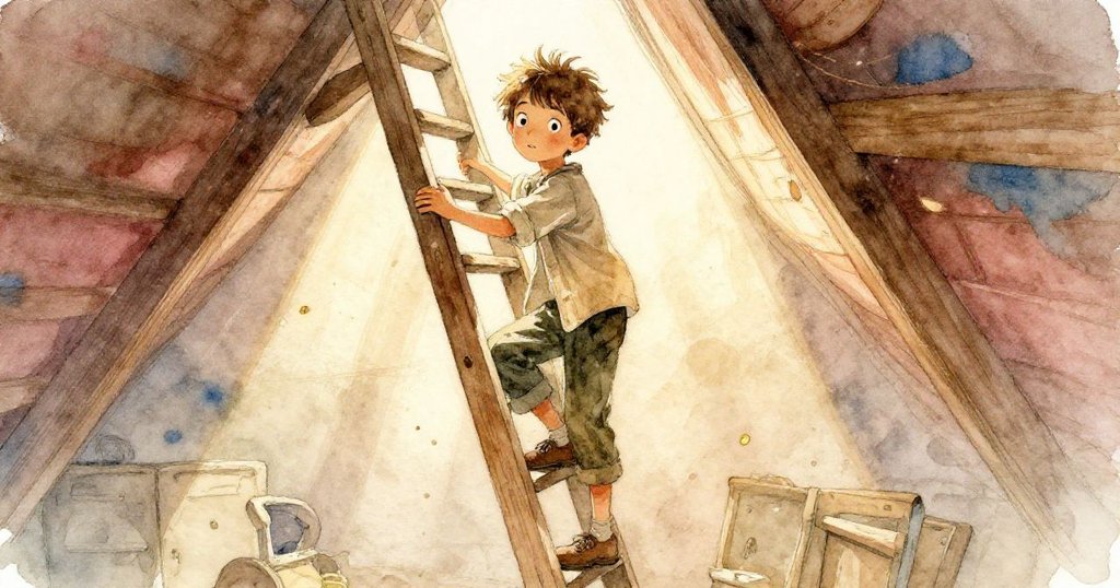 在充滿塵埃的閣樓中，Leo小心攀上搖晃的梯子，陽光斜射進來，他滿懷好奇與一絲緊張邁向探索旅程。