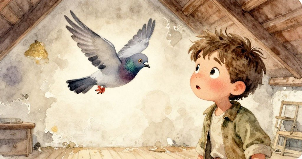 透過小生物視角，一隻鴿子因Leo的動作而驚慌起飛，閣樓鬆動的灰泥與飛舞塵埃中透露出瞬間的驚訝與動感。