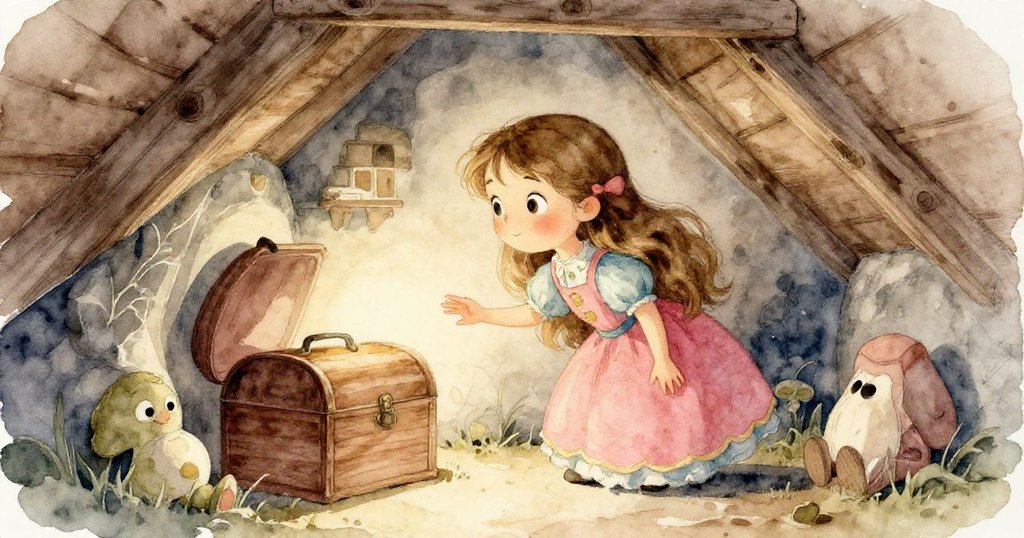 在隱藏的閣樓角落中，Mira滿懷期待踏入秘密空間，柔和古舊光線映襯著她追尋神秘箱子的好奇動作。