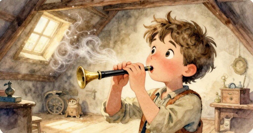 Leo凝神吹響銅哨，面露驚喜與魔幻瞬間，閣樓間塵埃與溫暖光影中定格著探索奇蹟的時刻。