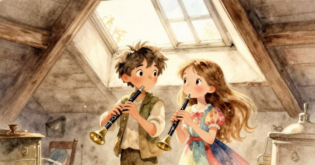 Leo與Mira並肩立於敞開天窗下，古舊銅哨靜臥其旁，溫暖光芒中展現出對未來新旅程的希望與共鳴。