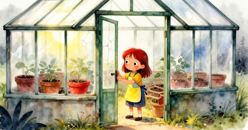 清晨微霧中，莉拉打開斑駁溫室門，破碎玻璃透出柔和光線，展現季節變換與自然蘇醒的故事開始。