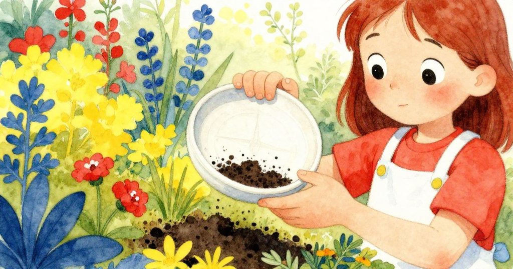 莉拉細膩觸碰香草手柄，土中浮現被苔蘚覆蓋的陶盤，展現探索與驚奇時刻。