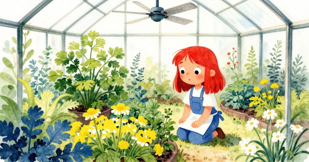 從高處俯瞰，莉拉在綠意盎然的香草園中發現生機，屋頂風扇拂動光影，驚奇與柔和氛圍交織。