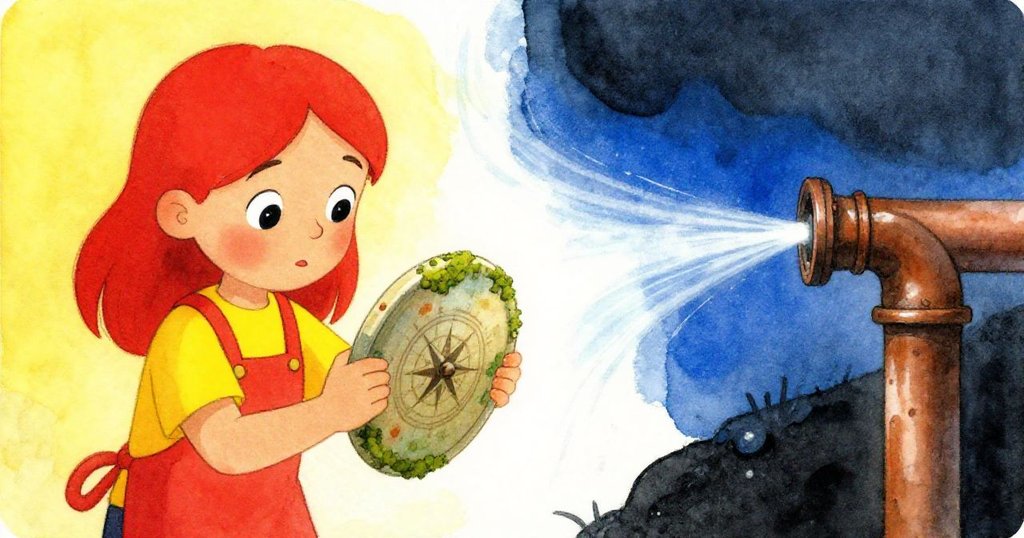 現實與記憶交錯中，莉拉翻看覆苔陶盤，意外觸動老銅管釋放細流水花，神秘與驚奇並存。