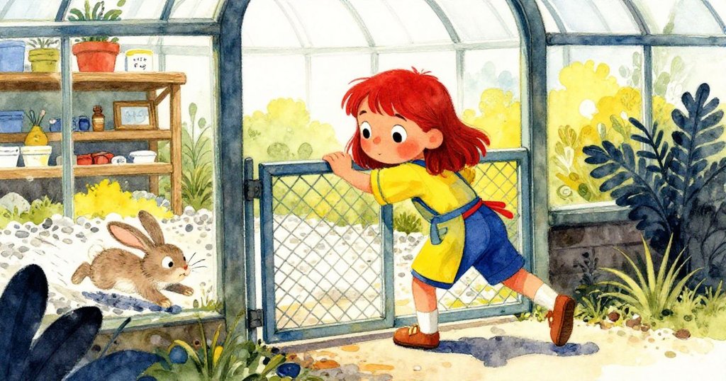 莉拉用力推開生鏽網門，肩膀頂著木框，驚動小兔急速逃跑，挑戰與緊張並存。