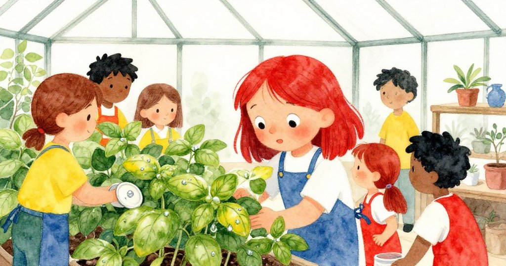 水流漸止，溫室重歸平靜，莉拉與志工協作整理，透明水珠點綴香草，故事完滿落幕。