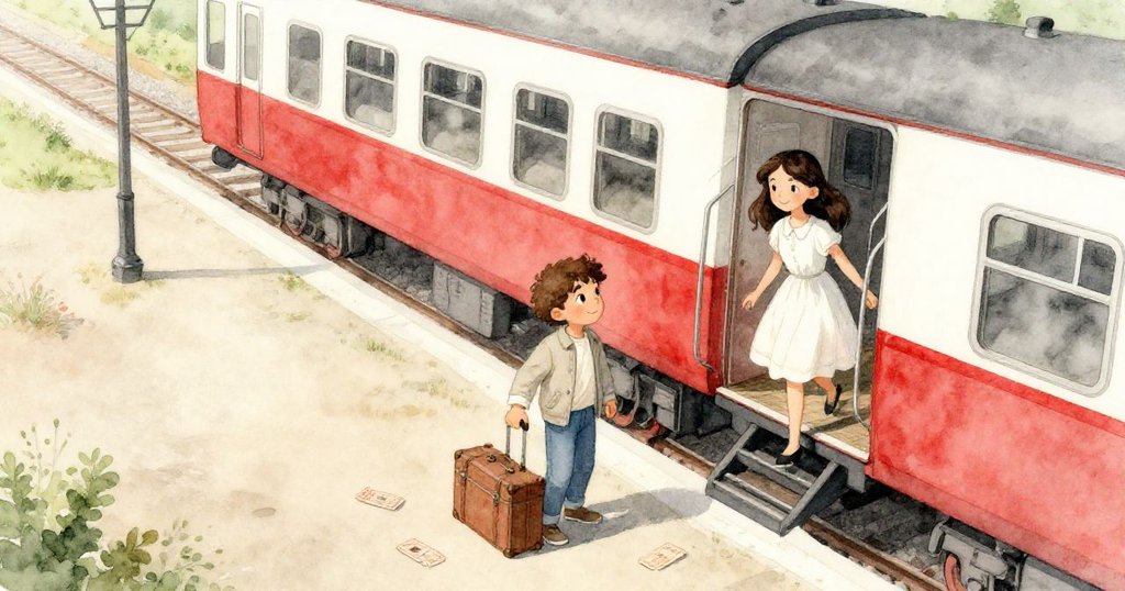 米羅與克拉拉在鄉村火車站相遇,夕陽映照下票根飛舞,冒險故事由此展開。