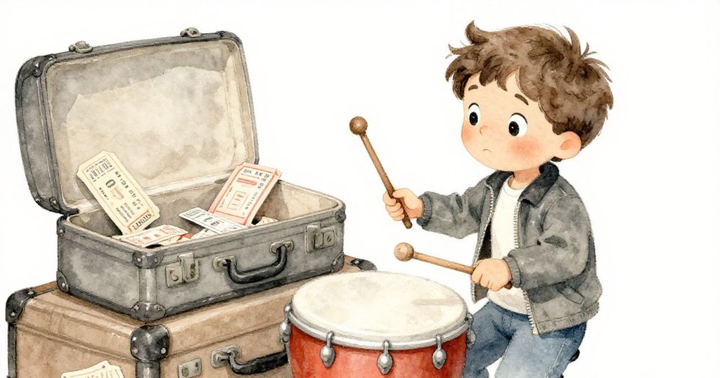 米羅正專注地用手指敲擊行李堆,動作細膩展現他準備冒險時的堅定心情。