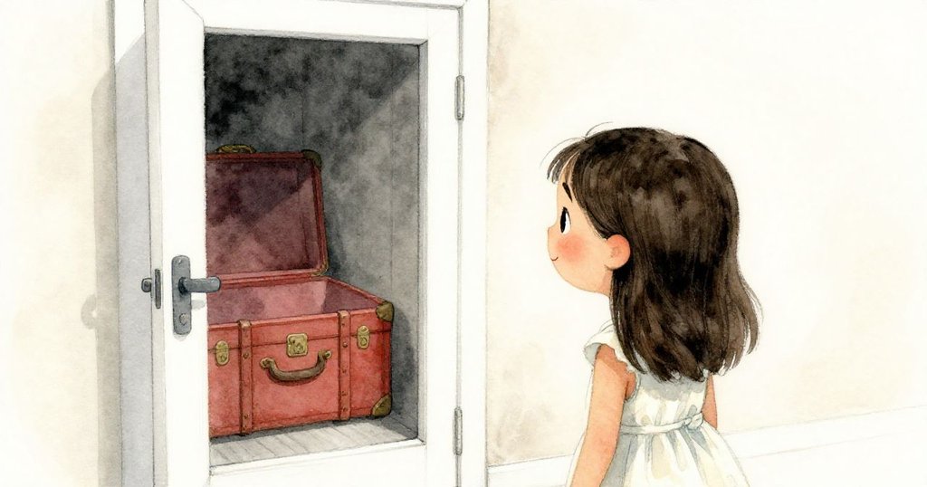 克拉拉以第一人稱視角觀察鎖著的行李室門,隱藏著神秘行李箱,展現探險前的好奇心。