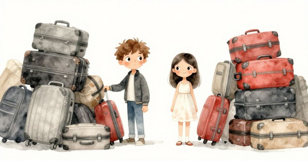 米羅與克拉拉在行李室中巧妙堆疊行李,創造超現實通道,充滿想像力與挑戰精神。