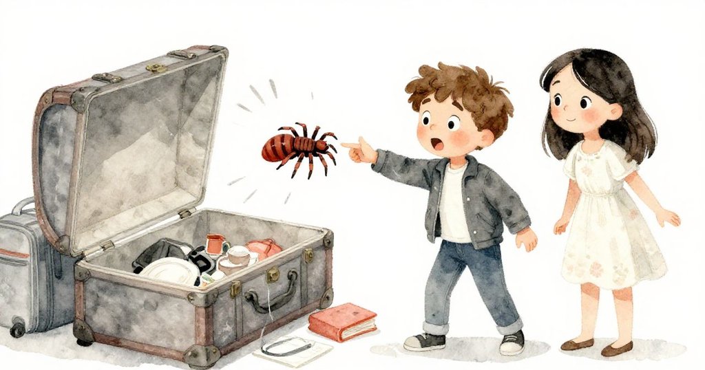 米羅因行李箱突然打開遭遇大如杯子的狼蛛而驚慌,克拉拉急忙回應,動作充滿意外與緊張。