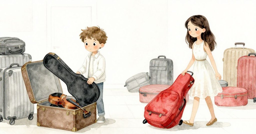 米羅小心取出懷舊小提琴盒,克拉拉協助整頓散落行李,行李室恢復秩序,溫馨結局展現合作精神。