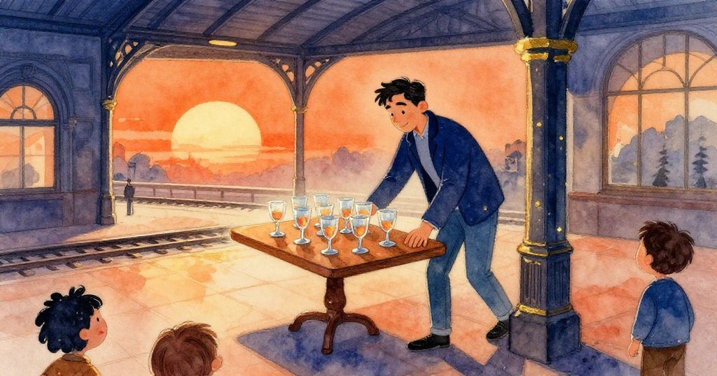 Miguel在火車站大廳擺放玻璃杯，拱頂映出柔和金光，背景行人忙碌，溫暖情感流露，展現故事開始的動態場景。