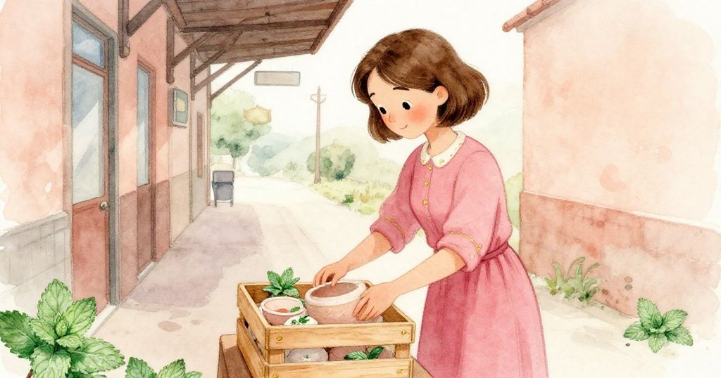 Elise在狹窄通道中打開陶製餐具箱，薄荷粉輕撒周圍，表情期待且溫柔，展現故事初期的細膩動作。