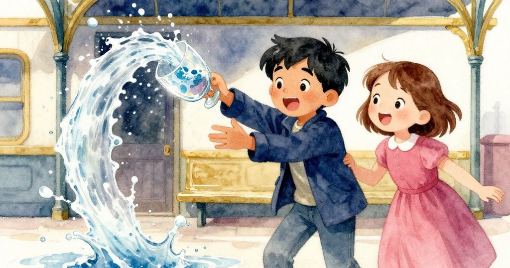 Miguel與Elise在火車站內協作應對酒杯傾斜，水花飛濺，雙雙展露驚喜及暖心笑容，展現故事轉折瞬間。