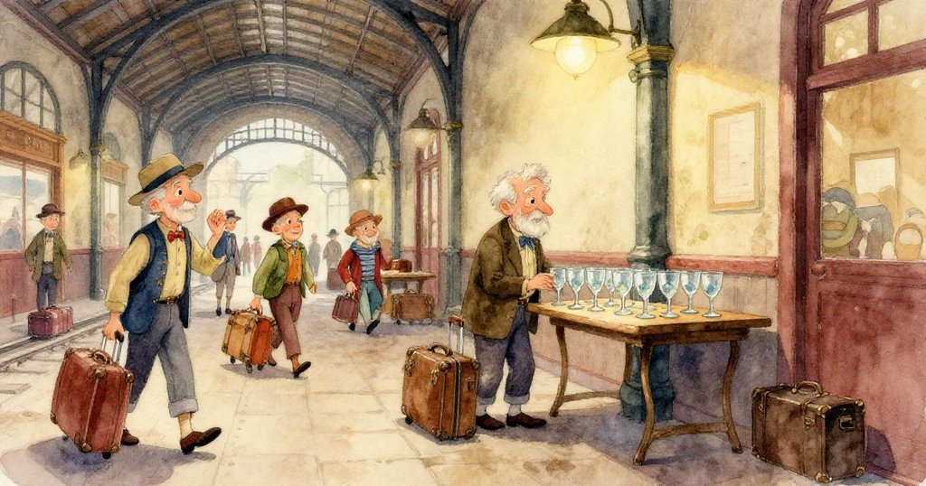 旅客們在火車站大廳暫停腳步，感受薄荷與柑橘香氣，環境溫暖，光影柔和，展現情節發展中的神奇氛圍。