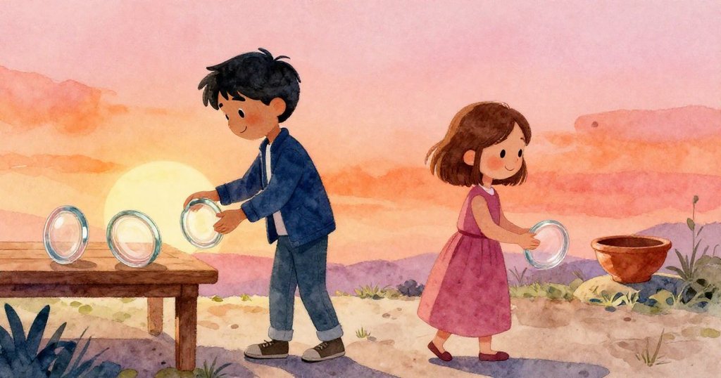 Miguel與Elise在火車站告別工作區，互視微笑，桌上留有酒杯和陶碗象徵回憶，預示新篇章開始，充滿溫情與期盼。