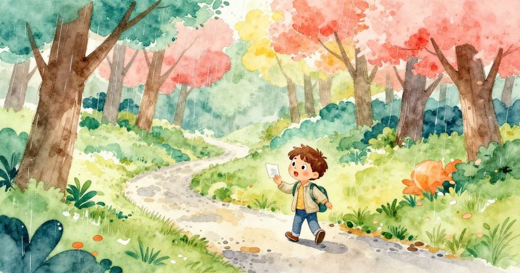 雷奧走出碎石小徑進入濕潤森林，手持筆記本，臉上流露出期待與驚奇，背景春雨瀰漫枝頭。