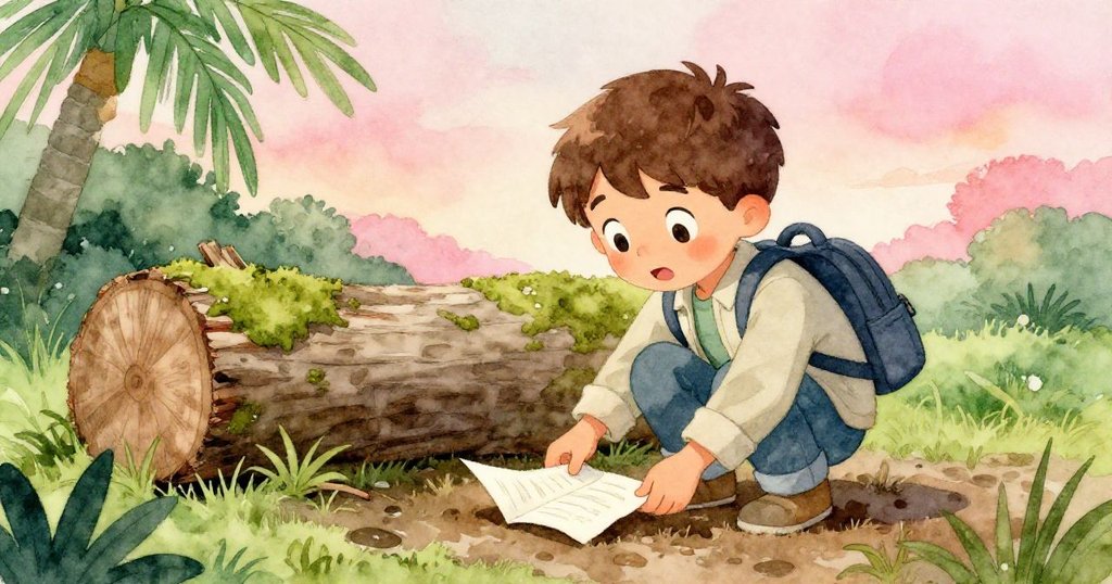 雷奧蹲下身子撿起沾滿泥水的打開筆記本，背景有濃密苔蘚木頭，神情從擔憂轉為輕鬆。