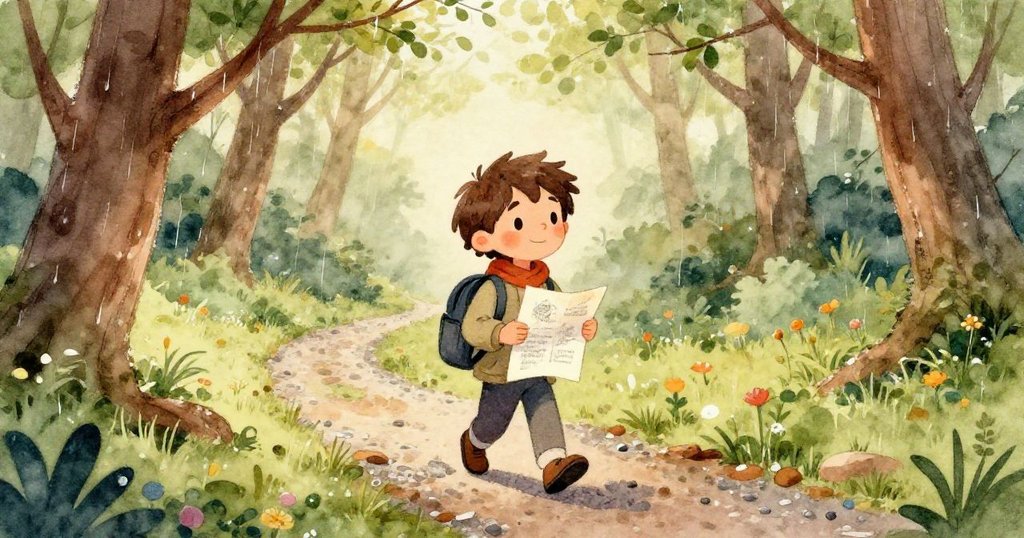 近距離觀看打開的筆記本頁面，雨滴閃耀紙面，邊緣帶有淡淡墨污，細節豐富充滿詩意。