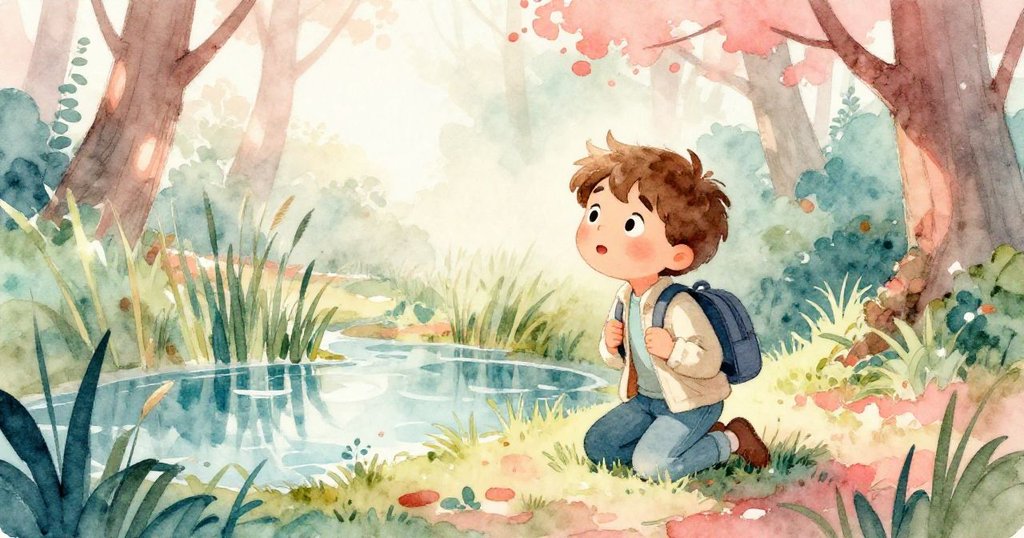 雷奧跪在森林空地的淺水池邊，凝視被光斑點綴的水面，細長蘆葦搖曳，水中隱現青蛙漣漪。