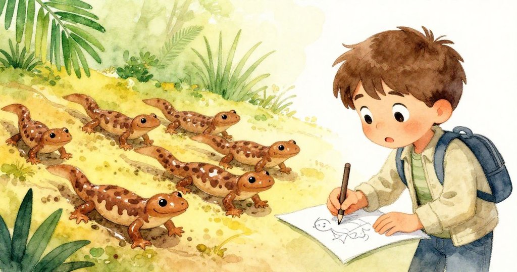 雷奧滿臉驚喜專注畫著從淤泥中爬出的青銅色蠑螈隊伍，飄落樹葉環繞，場景生動充滿夢幻。