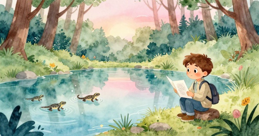 雷奧靜立於森林空地欣賞筆記本中記錄的美景，靜謐水池映出柔和藍橙光影，蠑螈悄然歸入水中，心中滿是寧靜與感動。