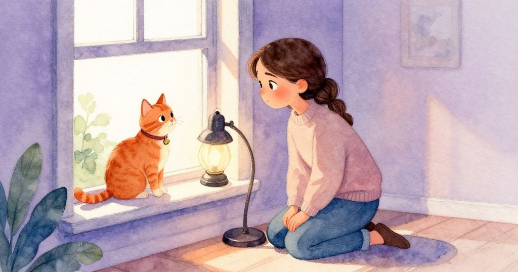 馬麗貝爾跪於舊桌燈前細看，橘貓靜坐窗邊，室內陽光灑落塵埃飛舞，呈現初始奇妙氣氛。