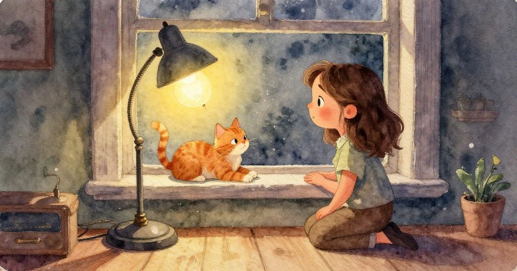 從馬麗貝爾視角細看桌燈內部彎曲金屬和散落螺絲，舊航海辭典剛落，營造神秘修復感。