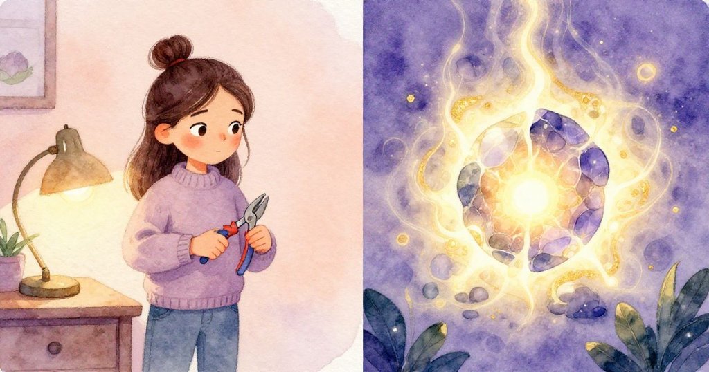 馬麗貝爾一邊用鉗子努力修燈，一邊幻想見到閃著金光的秘密石板，現實與夢境交錯。