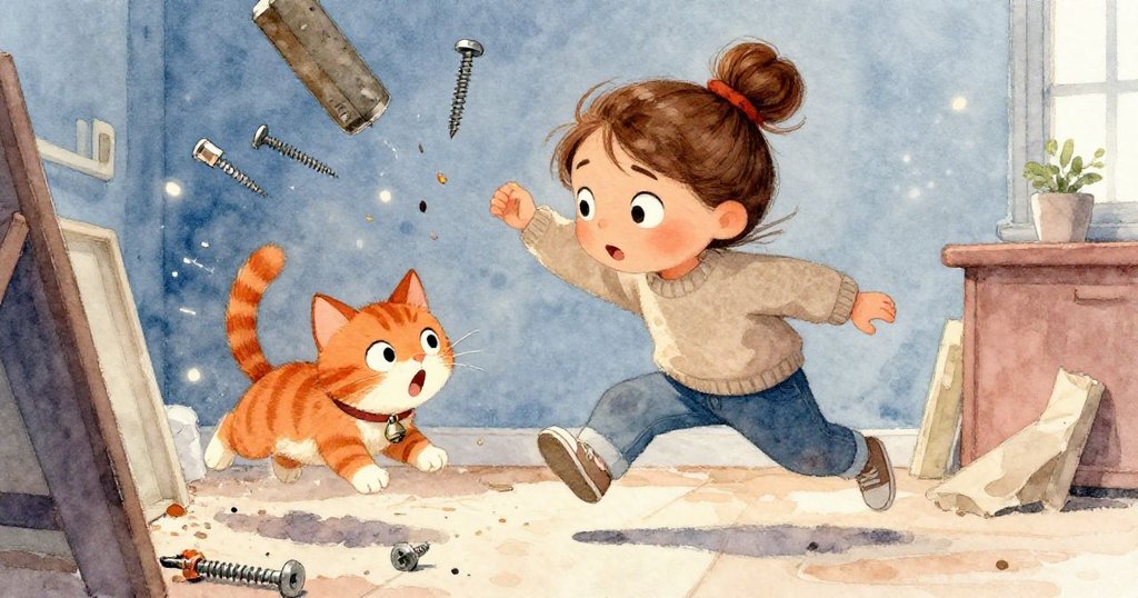 燈罩脫落書本飛落擊中橘貓尾巴，貓兒嚇跳螺絲飛散，現場緊張突發，充滿動感。