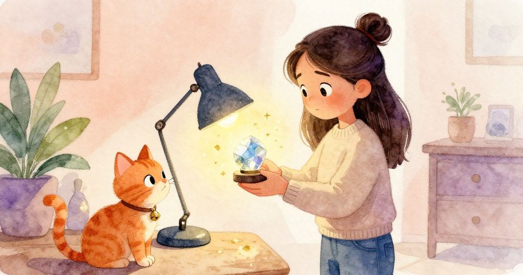 馬麗貝爾完成修復微笑展示秘密石板，橘貓好奇旁觀，室內溫暖光影重現平靜美好。