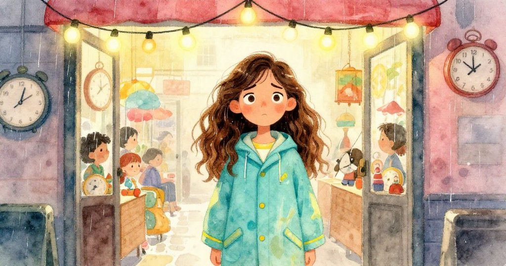 Maya走進室內市集,雨水滴落,燈光閃爍,背景中陳列古董時鐘與玻璃瓶,她表情堅定探索未知世界。