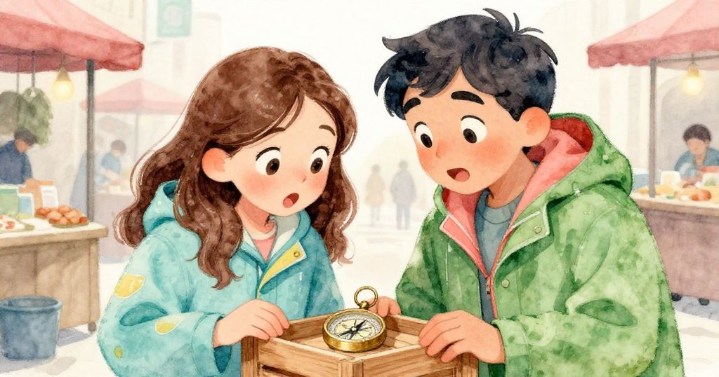 Maya與Leo眼神交流,臉上充滿驚喜與好奇,兩人同時伸手觸摸古董箱上銅製指南針,背景暗示市集忙碌情景。