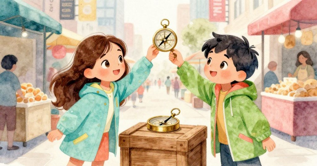 Maya與Leo同時伸手觸摸木箱上指南針,擁擠市集中互動協調,前景展示古董箱,背景隱約見到人群與閃爍彩燈。