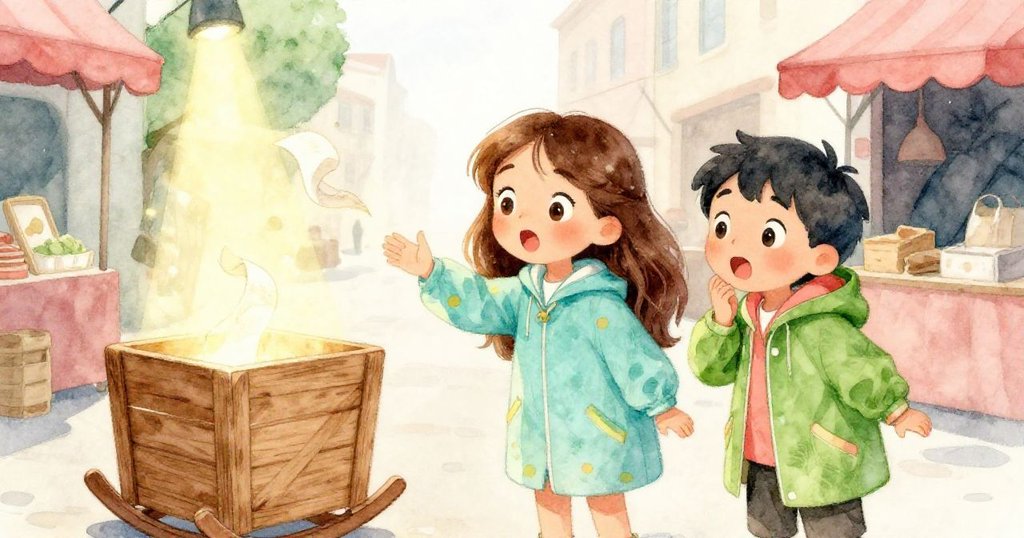 Maya與Leo互動中木箱搖晃故紙片飛舞,紙片在燈光中閃耀神秘光芒,背景中市集依然繁忙。