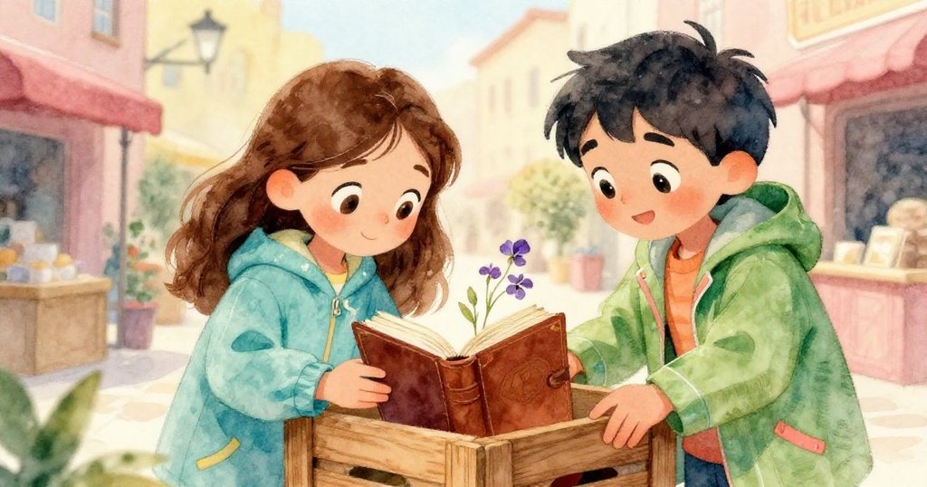 Maya穩住木箱邊緣揭露暗縫,Leo仔細拾起舊皮革日誌,旁邊有三朵輕壓紫羅蘭,背景隱現市集細節。