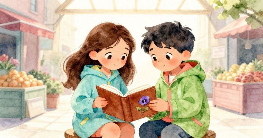 Maya與Leo並肩坐在椅上共讀打開日誌,燈光溫暖柔和,日誌中展示地圖與指南針圖案,流露未來同路希望。