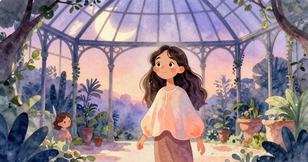 克拉拉步入古舊植物庭院，玻璃屋頂與鐵格透出月光與影子，環境充滿神秘詩意。