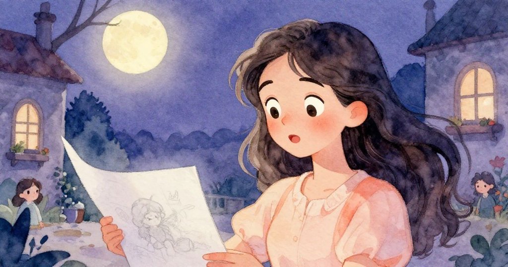 克拉拉專注打開畫本，臉上驚奇與決心並存，風起使紙張飛舞，背景有淡淡月光與庭院氛圍。