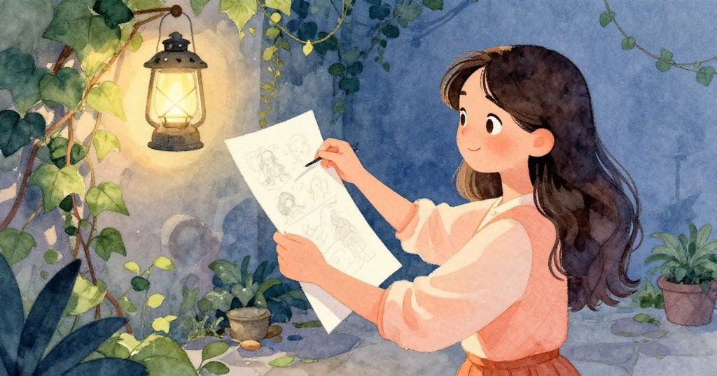 克拉拉從背後視角小心固定飄動的畫本頁，旁有營燈發出溫暖光芒，彰顯她專注與庭院環境的細緻互動。