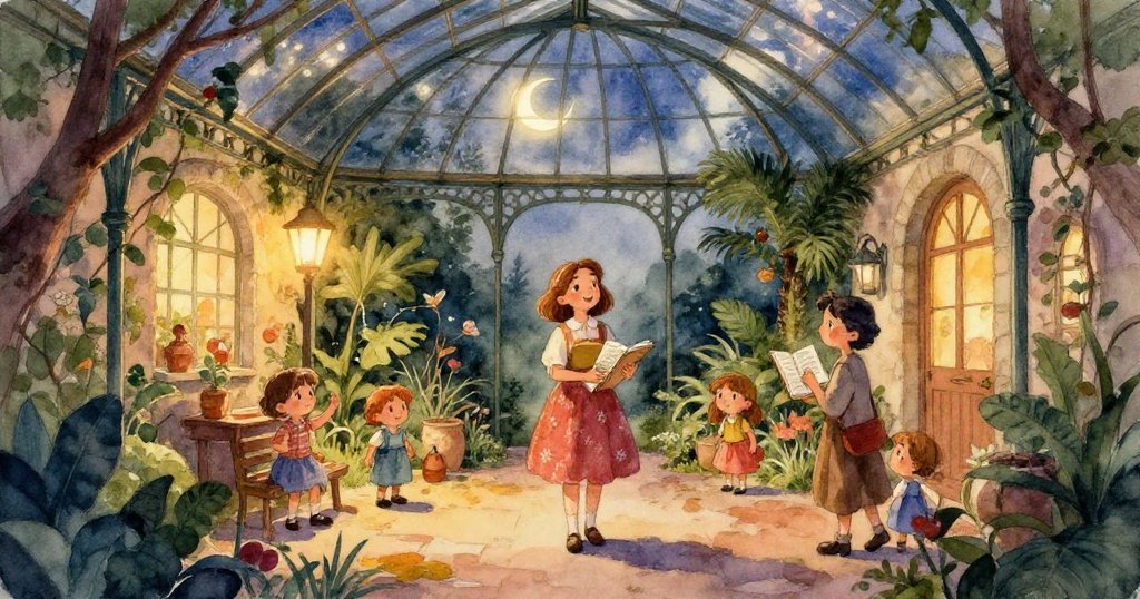 從高處俯瞰古舊庭院，倒下的營燈散出柔光，在常春藤牆上繪出絢麗光帶，夜色愈加神秘。