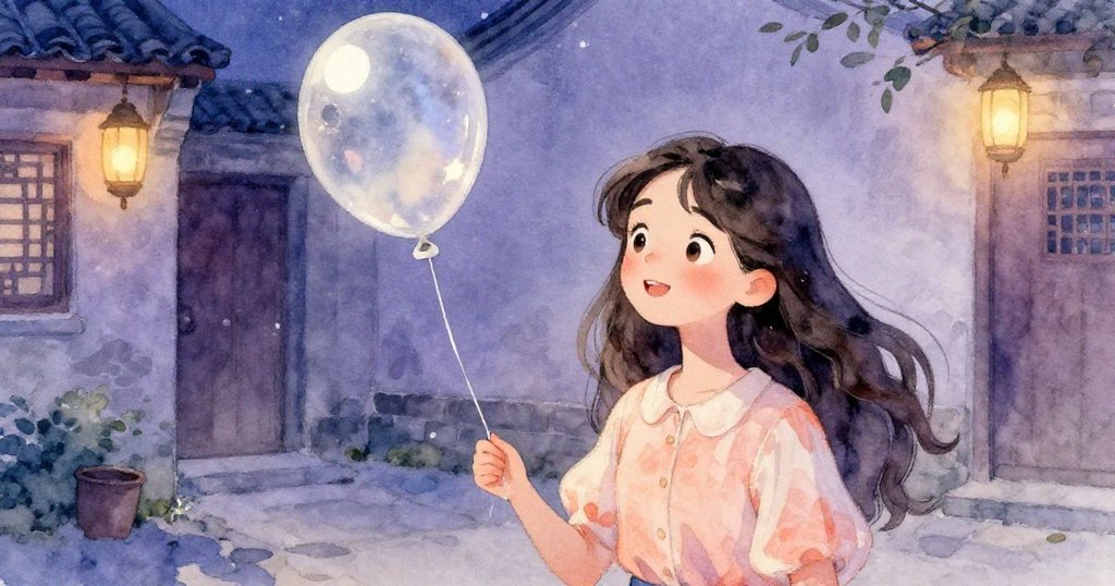 克拉拉突然被一個飄浮的銀色生日氣球輕觸肩膀，反射月光與營燈光芒，情境充滿懸念與驚奇。