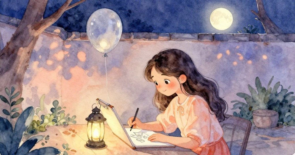 克拉拉安然繪畫，倒下的營燈協助固定畫本，飄浮氣球靜臥屋頂，庭院在月光下恢復平靜與美好。